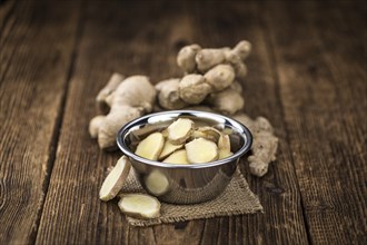 Some healthy Ginger Slices (selective focus, close-up shot)