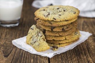 Portion of Chocolate Chip Cookies as detailed close-up shot, selective focus