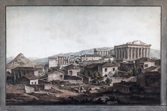 Historical view of the Acropolis, built up with houses, coloured engraving from1905, Agora Museum