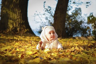 Baby in a white hoodie lying on colorful fall leaves in a forest with trees and sunlight filtering