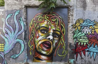 Medusa, female head with hair of colourful snakes, mural in the Anafiotika district, street art,