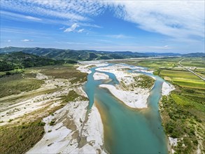 Fields over Vjosa Wild River National Park from a drone, Albania, Europe