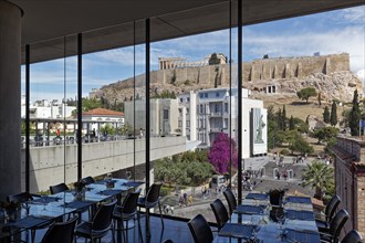 View of the Acropolis from the museum restaurant, Acropolis Museum, architect Bernard Tschumi,