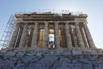 Parthenon Temple, scaffolded west façade, construction site, Athens, Greece, Europe