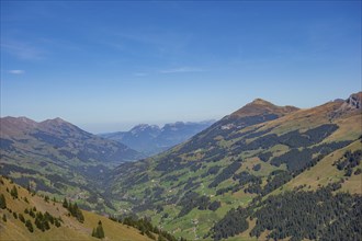 Panoramic view over a wide valley with mountains and forests under a clear sky, saas Fee, Alps,