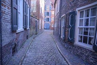 Quiet cobbled alleyway in the old town, lined with houses with windows and historic architecture,