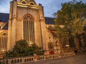 Illuminated facade of a church at night, large windows and a tree next to it, Ghent, Belgium,