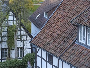 View of two tiled houses with red roofs and trees in the background under daylight, Tecklenburg,