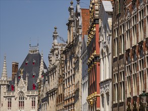 Row of historic buildings with decorative facades and towers, in various colours and shapes,