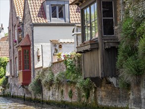 Detailed view of an old house with a white and red façade, wooden decorations and flowering plants