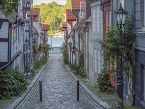 A narrow cobbled alley in an old town with traditional houses on a sunny day, Flensburg,