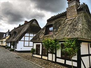 Idyllic village with traditional half-timbered houses and cobblestones under a cloudy sky,