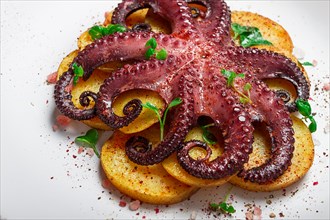 Octopus with potatoes and spices, on a light plate, top view, no people, homemade, close-up