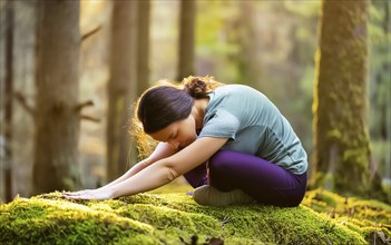 Young pretty woman in yoga pose on mossy ground in forest, AI generated, AI generated