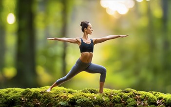 Young pretty woman in yoga pose on mossy ground in forest, AI generated, AI generated