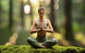 Young pretty woman in yoga pose on mossy ground in forest, AI generated, AI generated