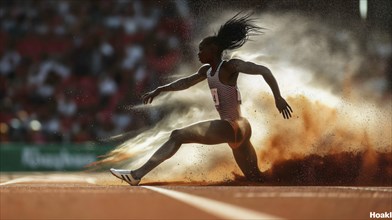 A sprinter kicks up orange dust as they powerfully race down the track, showcasing dynamic