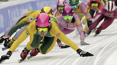 Speed skaters in colorful uniforms race intensely on ice, demonstrating focus and competitive