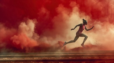 A runner dashes through red smoke in an outdoor setting, highlighting dynamic movement and athletic