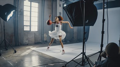 A basketball player in action during a photoshoot in a studio, illuminated by dramatic lighting, AI