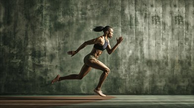 A determined runner captured mid-sprint against a green backdrop, showcasing athleticism and