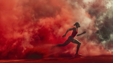 A dynamic athlete sprinting through thick red smoke with determination, AI generated