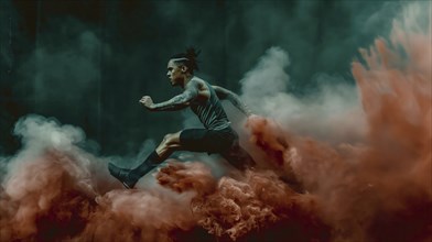 An athlete with tattoos running energetically through green smoke, AI generated