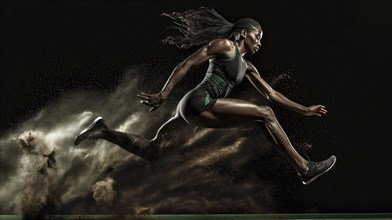 A powerful athletic figure running with dust flying against a dark background, AI generated