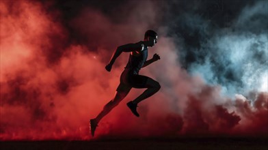 A silhouette of a runner against a dramatic backdrop of red and blue smoke at night, AI generated