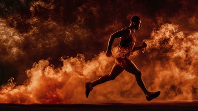 A male runner moves through a dense cloud of orange smoke, highlighting motion and intensity, AI