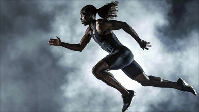 A man in a dark, athletic outfit runs through gray smoke, demonstrating speed and determination, AI