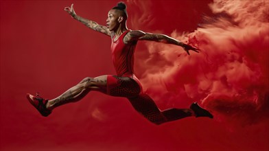 An athlete in red attire leaps with arms outstretched against a red background, expressing power