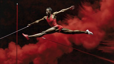 A pole vaulter in a red outfit leaps through red smoke, exhibiting strength and agility, AI