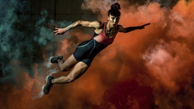 A woman dressed in athletic wear jumps through orange and blue smoke, showcasing agility and