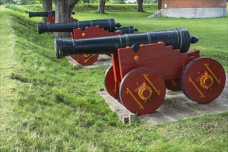 Old cannons at Nyborg medieval castle, in Nyborg, Funen, Fyn, Fyn Island, Denmark, Scandinavia,