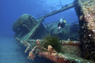 Scuba diver diver diver swims dives illuminated with underwater lamp looking at shipwreck 1972