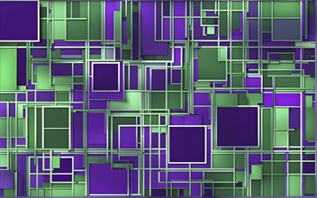 Abstract composition of an array of interlocking green and purple squares, AI generated