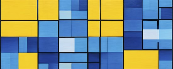 Abstract composition of an array of interlocking blue and yellow squares, AI generated