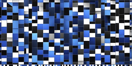Abstract composition of an array of interlocking blue and black squares, AI generated