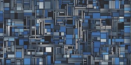 Abstract composition of an array of interlocking blue and black squares, AI generated