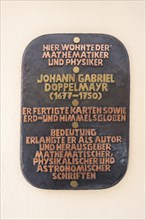 Information plaque of the physicist Johann Gabriel Doppelmayr, 1677-1750, Obere Worthstrasse 6,