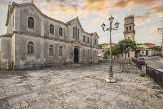 Great typical Greek town and buildings. Mediterranean cityscape in the evening at sunset on