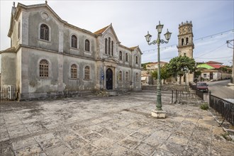 Great typical Greek town and buildings. Mediterranean cityscape in the evening at sunset on