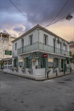 Great typical Greek town and buildings. Mediterranean cityscape in the evening at sunset on