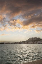 Great typical Greek town and buildings. Mediterranean cityscape in the evening at sunset on