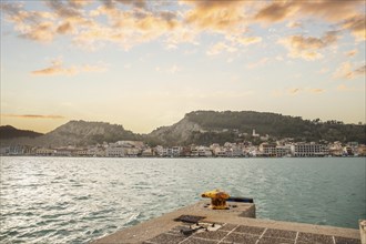 Great typical Greek town and buildings. Mediterranean cityscape in the evening at sunset on