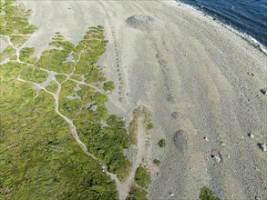 Prehistoric cairns and rock formations at beach Molen, west of Larvik, aerial view, Norway, Europe