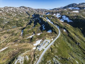 Aerial view of mountain crossing Sognefjellsvegen, mountain pass over the Sognefjellet, touristic