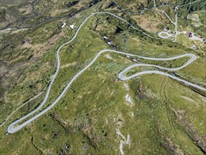 Aerial view of mountain crossing Sognefjellsvegen, serpentines near hotel Turtagro, Norway, Europe