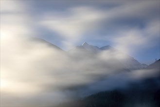 Summit of the Gamskraegen near Niedernsill, Austria, in the morning fog, Europe
